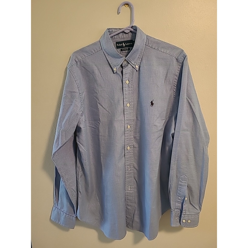 Polo Ralph Lauren Classic Button Up Shirt Blue White Checkered Cotton 16/L Logo‎